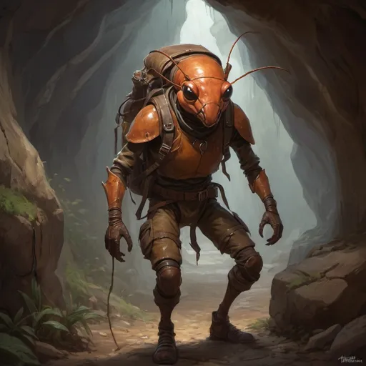 Prompt: (humanoid ant), DnD character, mandables,  medieval adventurer, dungeon crawling, exploring dimly lit caves, rugged landscape, richly detailed oil painting, expressive facial features, sturdy leather backpack, atmospheric shadows, vibrant earth tones, mysterious ambiance, high-quality craftsmanship, dynamic composition, encapsulating the spirit of adventure and discovery.