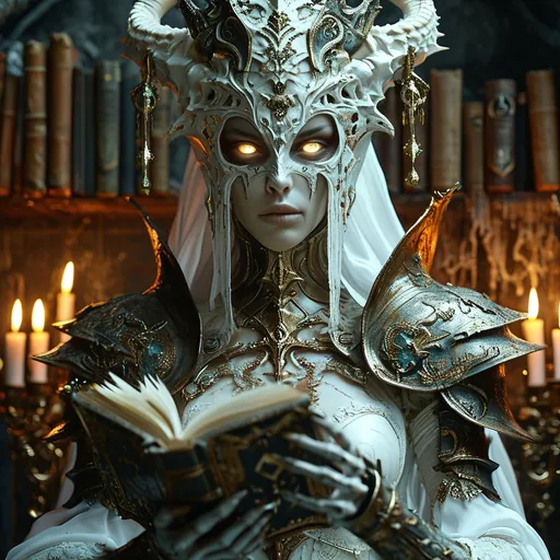 Prompt: (god-like lich queen), flawless decaying ivory face, magnifcent plate armor, (mesmerizing burning eyes), a sense of death and inevitable fate, surrounded by ancient books symbolizing profound knowledge, magical illumination, active spellbook illuminated, dark and eerie backdrop, candlelit ambience creating ominous shadows, (highly detailed, ultra-realistic), cinematic lighting, atmosphere steeped in mystique and power.