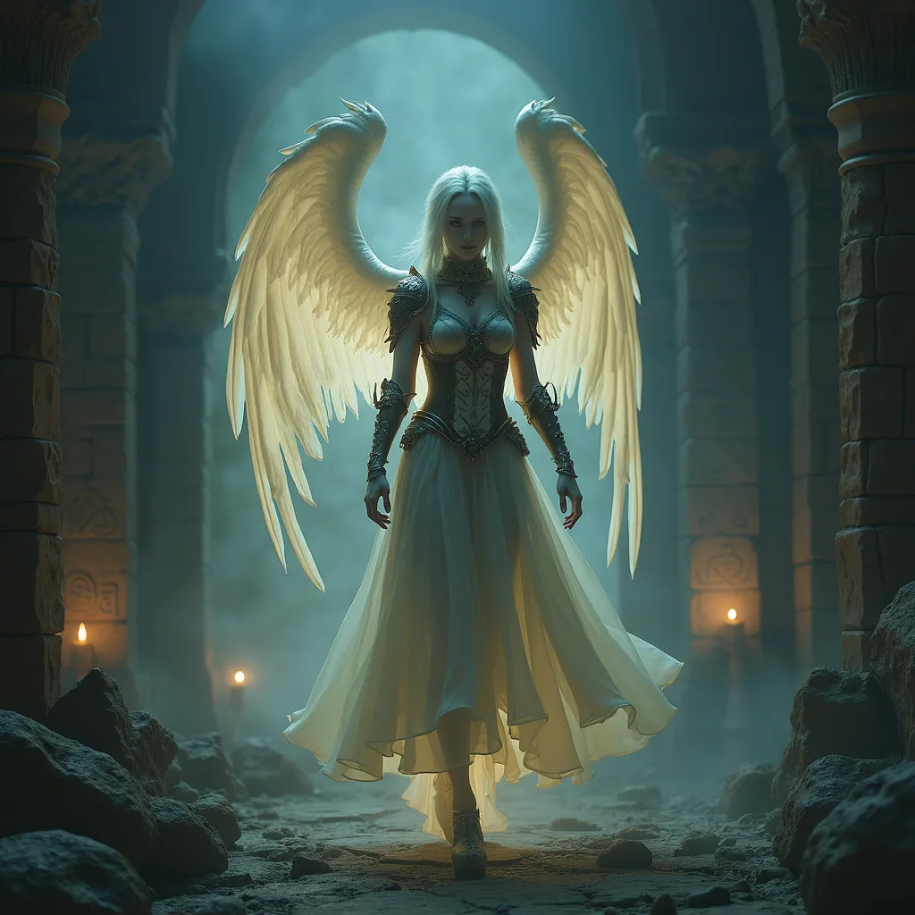 Prompt: realistic, (gheist female guard), (hovering ancient spirit), semi-transparent, ghostly appearance, illuminated, ancient medieval fantasy armor, eerie glow, tranquil atmosphere, surrounded by an ancient shrine, tomb adorned with mystical symbols, misty background, tranquil mood, high detail, ultra-detailed, 4K resolution, captivating aura.