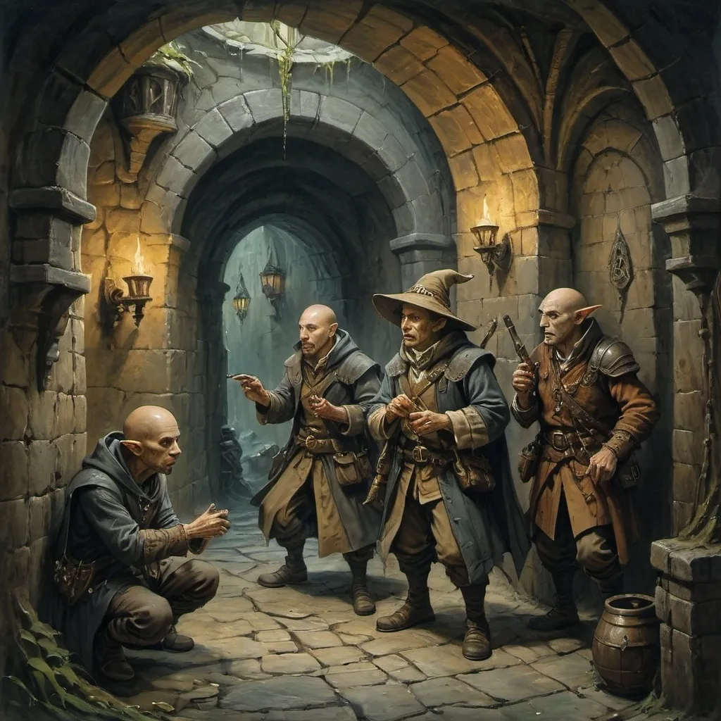 Prompt: (treasure hunting in a dungeon), (oil painting), (Anton Pieck style), group of adventurers, (DnD characters), dark shadows, mystical ambiance, arcane spells swirling, mythical monsters lurking, rich colors, gloomy yet vivid atmosphere, 4K ultra-detailed, depth of field, encapsulating adventure and mystery.