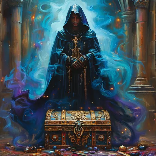 Prompt: oil painting, cloack of midnight, (swirling magical smoke), intricate design details, medieval fantasy ambiance, mystical symbolism, enchanting lighting, a treasure chest adorned with ancient runes, vibrant colors highlighting the magical essence, high resolution, ethereal atmosphere, dynamic energy surrounding the gloves, cinematic depth