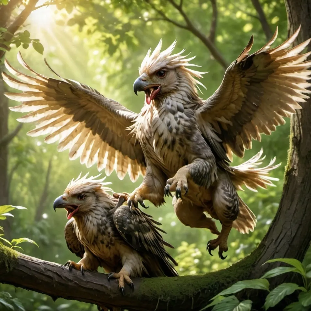 Prompt: Small group of (ferocious) little griffins attacking from the trees, lush green foliage surrounding them, dynamic poses demonstrating action and aggression, warm sunlight filtering through the leaves, creating dappled light effects on their feathers, vivid details showcasing their fierce expressions, enchanting scene of nature, (highly detailed), (fantastical atmosphere), (4K resolution).