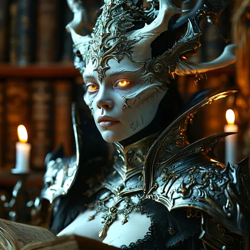 Prompt: (god-like lich queen), flawless decaying ivory face, magnifcent plate armor, (mesmerizing burning eyes), a sense of death and inevitable fate, surrounded by ancient books symbolizing profound knowledge, magical illumination, active spellbook illuminated, dark and eerie backdrop, candlelit ambience creating ominous shadows, (highly detailed, ultra-realistic), cinematic lighting, atmosphere steeped in mystique and power.