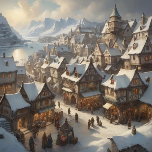 Prompt: Oil painting of an (medieval fantasy town in winter), inspired by Anton Pieck style, (rich in detail), charming houses with intricately designed facades, snow-covered rooftops, bustling market crowded with lively characters,  on the coast with ships in the ice,  warm sun beams breaking through soft winter clouds, creating a serene and magical ambiance, mountains in the background, ( vibrant colors) for a captivating and nostalgic scene.