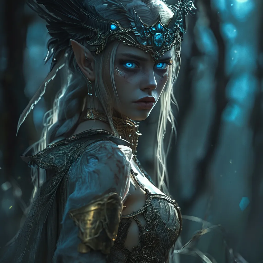 Prompt: Full depiction of a (unaturally beautiful elf woman) Valkyrie character, wearing a (long flowing gown with intricate lace details) and (high heel armored boots), in a dark hunted forest, intense blue deadly eyes, dark shadows enhance her elegance, hopefull ambiance, highly detailed features, (HD) quality, magical atmosphere, magical illumination, surrounding in the air