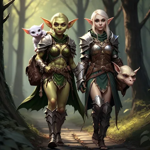 Prompt: ((gorgeous female goblin thief carrying backpack)) and ((a cute female elf mage)) and ((human paladin with ornate armor)), full body, digital art, high detail, realistic, dnd character style, dark lighting, forest, 