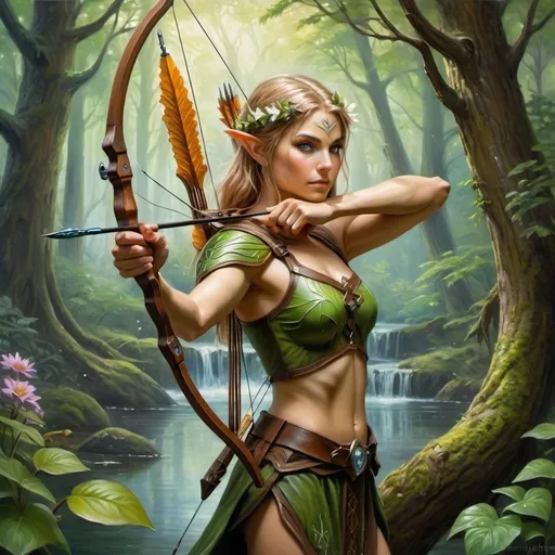 Prompt: Elfenar archer in an oil painting, lush woodland setting with wood ambience, serene natural, detailed floral and fauna, mystical aura, high-quality, oil painting, fantasy, woodland, detailed elfen features, hunting ambience, mystical, natural water, highres, detailed artistry, serene lighting, detailed face,  magic, runes, full body