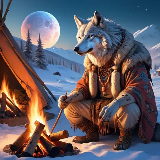 Prompt: Shaman wolf character at a campfire in winter, snowy yurts, low sun, otherworldly planets in the sky, warm and homely atmosphere, high quality, detailed fur, fantasy, magical, mystical, snowy landscape, peaceful setting, cozy campfire, vibrant fur colors, serene and enchanting lighting