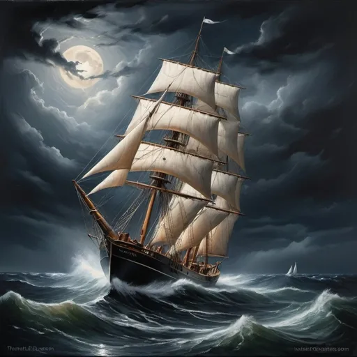 Prompt: Schooner sailing at night, stormy coastal scene, half-tack sails, crashing waves, dramatic storm brewing, high quality, oil painting, dramatic lighting, coastal, detailed ship, atmospheric, stormy seas, dark tones, realistic, intense atmosphere, moonlit, dynamic waves, professional, realistic ocean, moonlit sails, coastal storm, captivating composition