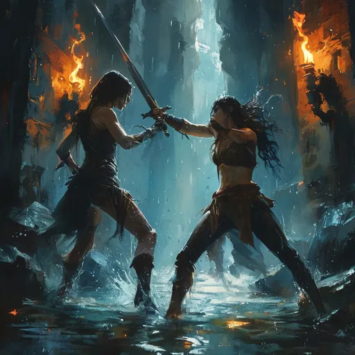 Prompt: watercolor , (epic swordfight), female DnD Characters, intense fight scene, dramatic clash in a dark, atmospheric dungeon, torches casting flickering shadows, detailed textures, dynamic poses, energetic movement, (Justin Gerard style), high quality, vibrant colors, capturing the essence of high-stakes adventure and fantasy immersion.