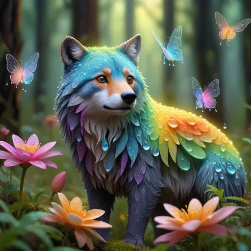 Prompt: multiple animals in the forest, cute, vibrant spring colors, intricate floral details, detailed dew drops on petals, ethereal and glowing aura, high quality, realistic, , glowing aura