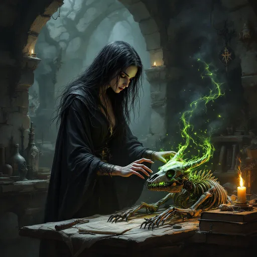 Prompt: In a dimly lit, ancient workshop brimming with dusty tomes and grim artifacts, a gorgeous and powerful female necromancer stands at the center, immersed in hard magical labor. The air is thick with the scent of burnt sage and the flickering light of a solitary, enchanted candle casts elongated shadows across the stone walls, enhancing the foreboding atmosphere. Clad in midnight black robes that billow in an unseen wind, the necromancer focuses intently on the animal skeleton before them, bones intricately intertwined with dark runes. Their expression reflects a blend of determination and dark curiosity, as wisps of eerie green energy pulse from their fingertips, animating the skeletal structure. In the background, arcane symbols float in the air, and the faint whisper of otherworldly voices echoes, creating an ambiance of both horror and beauty. This scene is captured in a dramatic oil painting style, rich in texture and depth.