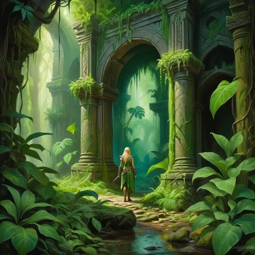 Prompt: Medieval fantasy jungle exploration, ; elven adventurer, lush greenery and ancient ruins, mystical creatures lurking in the shadows, high-quality, oil painting, fantasy, lush green tones, mysterious lighting