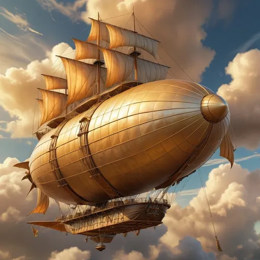 Prompt: Fantasy style, Airship, frigat aerodynamiac, detailed full sails , 4k, ultra-detailed, realistic painting, high in the sky, golden hues, dramatic lighting, atmospheric clouds, detailed rigging, high quality, realistic, magnificent, golden tones, dramatic sky, detailed textures, airpockets
