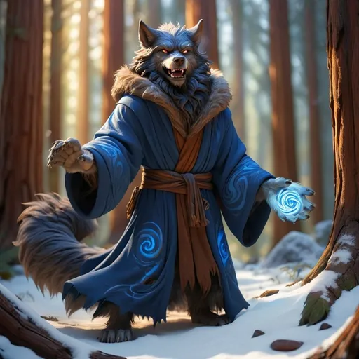 Prompt: Full body werewolf mage in a sequoia forest in winter, Magical blue swirling flashes, low sun, detailed mage robes, warm and homely atmosphere, high quality, detailed fur, fantasy, magical, mystical, snowy landscape, peaceful setting, vibrant fur colors, serene and enchanting lighting