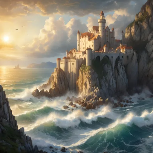 Prompt: photo realistic imposing marble medieval castle on the rugged ocean cliffs anton pieck style, golden sunset, detailed architecture, integrated in the cliffs, high quality, epic scene, docks, spires and towers, dramatic lighting, cliffside setting, intricate details, smugglers route, storm pulling in, atmospheric, sunlit ocean, sun rays, golden clouds, town below