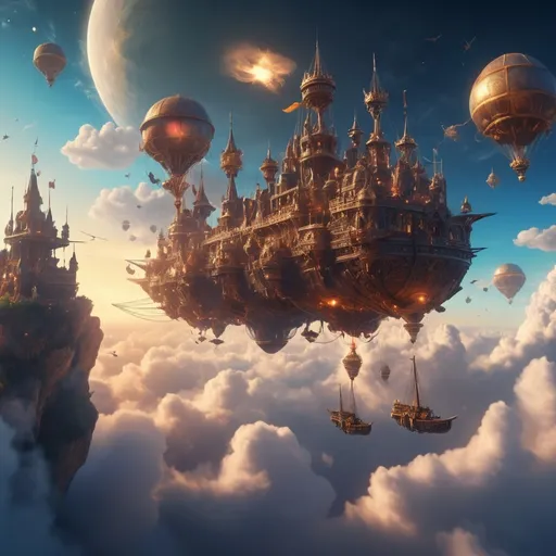 Prompt: (skydock high in the clouds with flying ships), medieval fantasy, soft glowing lights, space-inspired elements, ultra-detailed, intricate designs, majestic, sense of wonder and adventure,  floating clouds, fantasy environment, high resolution, 4K, vibrant colors, cinematic masterpiece, captivating and awe-inspiring atmosphere.