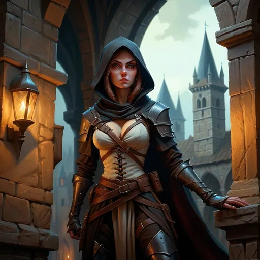 Prompt: Medieval fantasy, female assasin in the shadows , fantasy, oil painting, fantasy, , high quality, detailed, atmospheric, old world charm, dark lighting, fantasy architecture, dnd scene, towering structures,  mystical aura, detailed stone architecture, anton piek