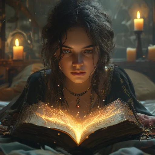 Prompt: (young woman sneakily reading a magical tome under the bedcovers), medieval fantasy setting, (dramatic lighting), (glowing runes), spell illuminating the book, book radiating light, richly detailed environment, mysterious atmosphere, enchanted aura, mysterious symbols, enchanted book,  detailed facial features, high contrast shadow and light play, cinematic depth, ultra-detailed, 4K.