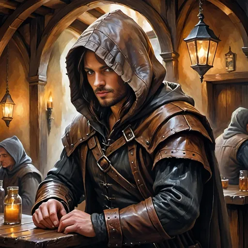 Prompt: (mysterious hooded figure in leather armor), tavern setting, in the shadows, leonid afremov style, medieval fantasy setting, dim lighting, intricate rustic interior, antique wooden furniture, flickering candles, smoky atmosphere, watercolor painting style, muted earth tones, soft and subtle brush strokes, high quality.