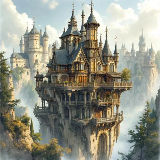 Prompt: Visualize a grand architectural sketch of a medieval fantasy home, elegantly rising into the air. aerial view. Its majestic form is adorned with intricate stainless glass windows and wooden balconies, a vibe of natural elements, The sketch displays faint pencil guidelines. Soft shadows play across the structure, the main house in color, giving depth and dimension, while gentle, ethereal light bathes the scene. The mood is both whimsical and inspiring, perfect for a concept art style that embodies a fusion of classical medieval elements and modern artistry.