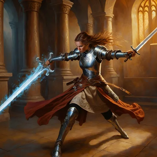 Prompt: Photo-realistic oil painting of a female DnD character, engaged in a sword fight, movement, magic swirls, detailed face, elaborate armor with intricate details, high definition, warm tones, dramatic lighting, detailed facial features, intense action, fantasy setting, high-quality, oil painting, female, DnD character, hybrid humanoid, sword fight, elaborate armor, high definition, realistic style, warm tones, dramatic lighting, detailed facial features, intense action