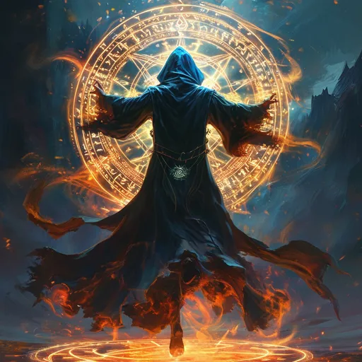 Prompt: mystical maximum power from the ancient magical (circle with runes), intense (flames) dancing wildly, a powerful Wizard in an intricate robe, (summening a demon), dramatic pose, foreground focus, swirling dark magic, shadowy ambiance, ethereal glow illuminating the scene, lush fantasy landscape in the background, cinematic depth, ultra-detailed, high-quality, perfect for fantasy art lovers.