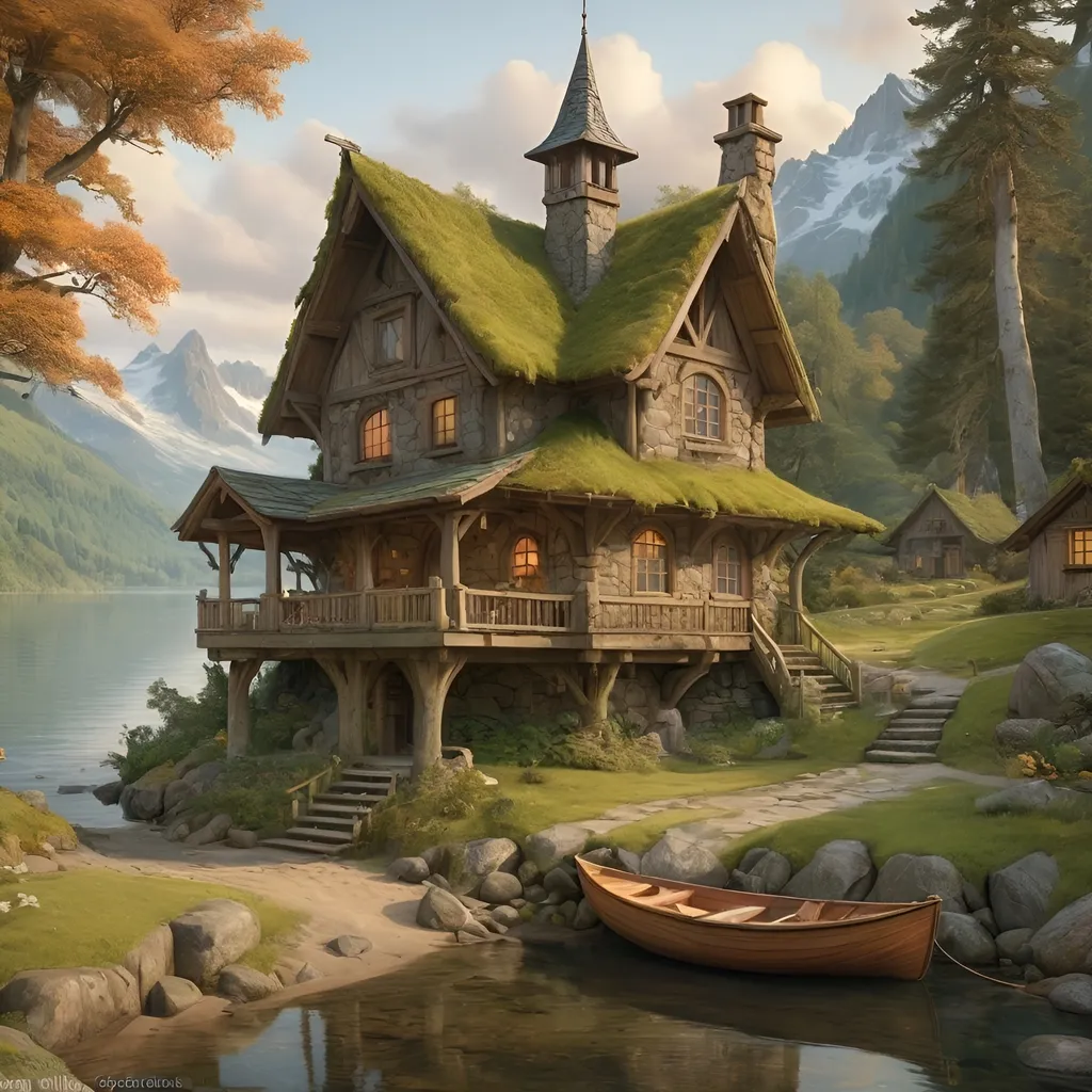 Prompt: Large Anton Pieck-style wood and stone cabin on the lakeside peninsula with a central tower, moss roof, mountainous region, old wooden rudderboat, forest and beach, stream,  waterfall, wildlife, vintage painting, deer, fox, squirl, detailed textures, serene atmosphere, wimsicle architecture,  warm tones, soft lighting, 4k, highres, nostalgic, detailed scenery, tranquil setting, vintage charm, summer sunset