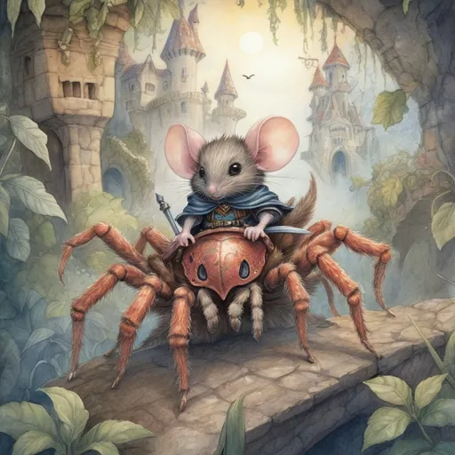 Prompt: (pencil watercolor painting) Justin Gerard style, (whimsical) D&D character mouse knight , (cute) mouse riding a giant fuzzy tarantula, (detailed) intricate textures, adventurous atmosphere, enchanting background with vibrant colors, fantasy landscape, captivating details of foliage and spider web, (highly detailed), (ultra-detailed), storybook charm, magical adventure theme.