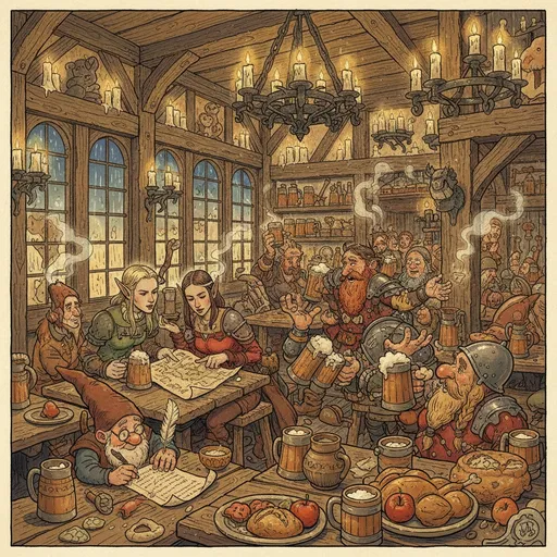 Prompt: Visualize a cozy tavern bustling with life, painted in the whimsical style of Anton Pieck, evocative of the enchanting worlds of Efteling. The warm glow of flickering candlelight dances off the wooden beams and intricately carved sconces, casting playful shadows across the room filled with an exuberant mix of fantasy adventurers—elves with pointed ears debating strategies, dwarves animatedly recounting tales of their exploits, and a gnome scribbling on a weathered map. Tables are adorned with tankards spilling frothy ale and plates piled high with rich delicacies, the air thick with the aromas of roasted meats and spiced aromas. Outside, faint echoes of rain patter against the window, creating a cozy sanctuary. The scene is alive with laughter, clinking goblets, and the anticipation of daring quests yet to unfold, all captured in a vibrant, storybook illustration that invites the viewer to join the adventure.