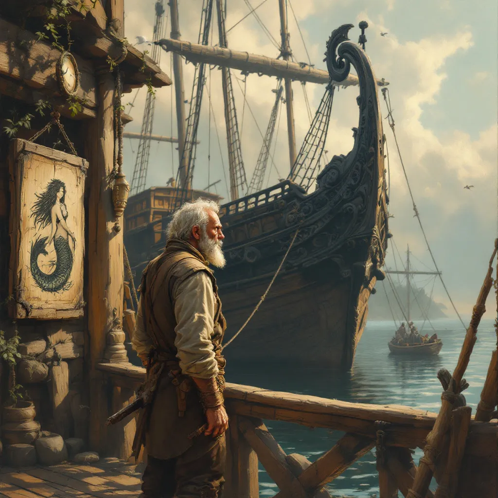 Prompt: oil painting, (old ship builder), (antique wooden wharf at the waters edge), old docked fantasy ship, (wooden cranes and ropes), medieval fantasy setting, anton pieck style, soft and muted colors, warm ambient lighting, nostalgic atmosphere, charming clutter, whimsical and dreamy quality, inviting vibe that captures the essence of craftsmanship and imagination.