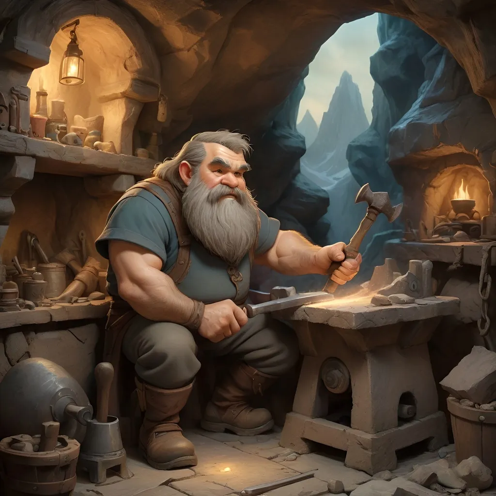 Prompt: Anton Pieck style illustration of an dwarven medieval fantasy smithy in mountaincaves, smith character working on an anvil, in the cave, vintage paper texture, intricate line work, high detail, rustic bearded face, anvil, bellows, hammer, warm and nostalgic tones, soft lighting, high quality, magical artifacts, nostalgic, warm tones, soft lighting, sharp lines
