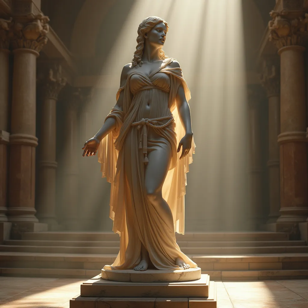 Prompt: realistic (marble fullbody statue of a gorgeous woman in shrouds), adorned beautifully on a pedestal, set in the middle of a grand auditorium within an ancient temple, atmospheric ambiance with sophisticated lighting, ethereal sun rays illuminating the scene, detailed ancient architecture surrounding, warm tones creating a mystical feel, hint of medieval fantasy, ultra-detailed, high-definition.