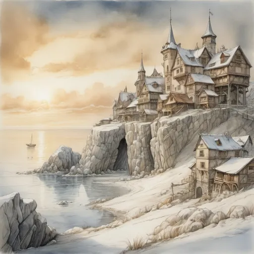 Prompt: ground view, (medieval fantasy docs in winter), (pencil drawing), watercolor, a windswept snowy and ice-covered coastline, intricate Anton Pieck elements,  golden clouds casting a warm glow over the scene, rustic stone buildings, soft shadows, picturesque winter ambiance, high depth, ultra-detailed, enchanting scenery, evoking nostalgia and magic.