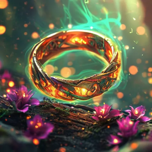 Prompt: (magical poisonous ring floating in the air), (medieval fantasy),  spells vibrating in the air, vibrant warm colors illuminating the scene, mystical aura, ethereal glow, dynamic energy radiating, beautifully detailed textures, sense of enchantment, high fantasy atmosphere, serene background with soft lighting, ultra-detailed, captivating visual experience.