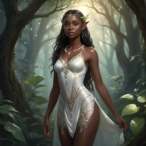 Prompt: Full-body dark skin elven girl , mystical forest setting, wearing a pearl colored glossy short dress, ethereal and glowing, high-quality, digital painting, detailed features, elegant pose, vibrant and lush environment, magical, fantasy, ethereal lighting