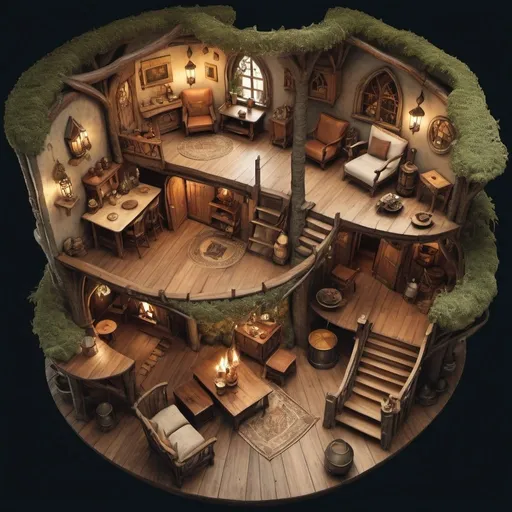 Prompt: Top view floor plan of a medieval fantasy room of a treehouse interiour, Anton Pieck style sketch, detailed interior layout, cozy and rustic atmosphere, warm earthy tones, intricate wooden furniture, chairs and tables, entrance, common room, crackling fireplace, drinks and meals, whimsical decorations, high quality, detailed sketch, antique style, rustic, cozy atmosphere, warm earthy tones, detailed interior,  whimsical decorations