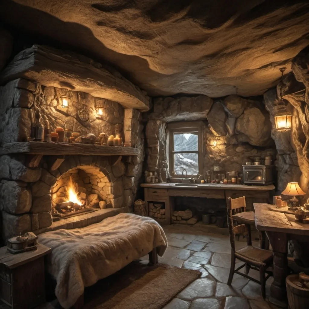 Prompt: cabin in a cave, warm stone, crackling fireplace, highres, detailed, cozy atmosphere, warm lighting, rustic charm, rock walls, rock features, small windows, rustic bed,  furs, stove and sink, bathroom