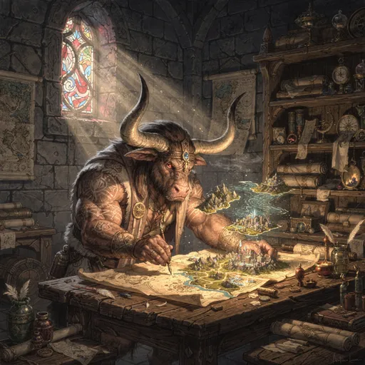 Prompt: In a dimly lit chamber brimming with ancient scrolls and maps, a powerful minotaur in artisans cloths, leans over a vast oak table, its strong horns casting sharp shadows against the walls. The creature, with meticulously carved lines on its muscular frame, has an expression of intense focus as it draws intricate, precise elements on a faded magical parchment spread before it, making a magical 3d land map. A light shining through some stained glass window illuminates the swirling dust motes in the air, while a gentle, mystical breeze rustles the edges of the maps, hinting at distant lands yet to be explored. In the background, shelves overflow with compasses and celestial instruments, nestled amid scattered ink pots and quills, evoking a sense of timeless craftsmanship in this enchanting, fantasy realm. This scene could be captured in a dark fantasy concept art style, emphasizing rich textures and dramatic contrasts. in August Wilhelm Leu style