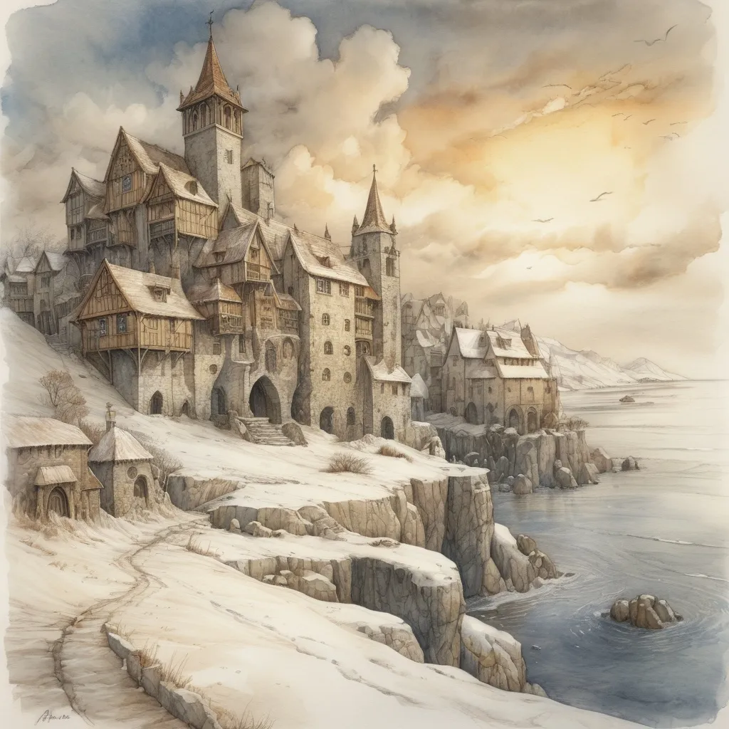 Prompt: ground view, (medieval fantasy docs in winter), (pencil drawing), watercolor, a windswept snowy and ice-covered coastline, intricate Anton Pieck elements, monestery,  golden clouds casting a warm glow over the scene, rustic stone buildings, soft shadows, picturesque winter ambiance, high depth, ultra-detailed, enchanting scenery, evoking nostalgia and magic.