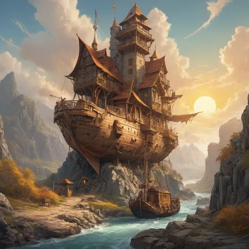 Prompt: (wooden flying ship docked at the top of a mage's tower), anton pieck style, oil painting, (golden clouds), sun's rays, rocky valley, wild stream, magical atmosphere, vibrant and warm colors, cinematic depth, highly detailed background, rugged landscape, serene ambiance, whimsical and enchanting scene, ultra-detailed, 4K.