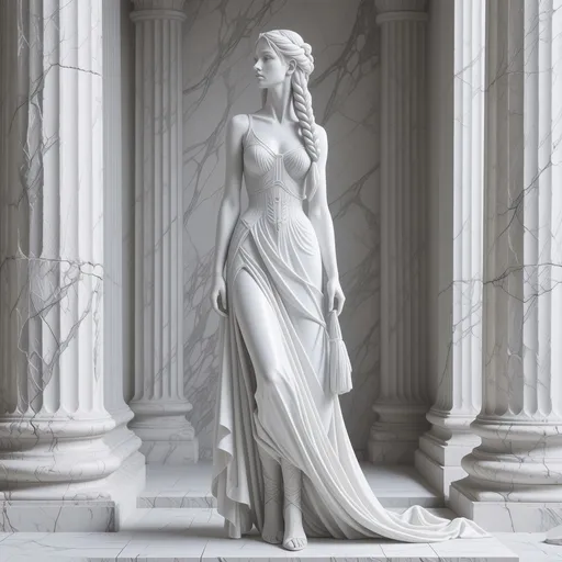 Prompt: realistc, Full body, (calacatta marble statue) of a (stunningly beautifull mistress) with long braided hair, veiny marble features, gorgeous strong face, long medieval fantasy dress with straps, sleek high heels, dominant stance, looking over shoulder, set between ancient ruins, magical spells in the air