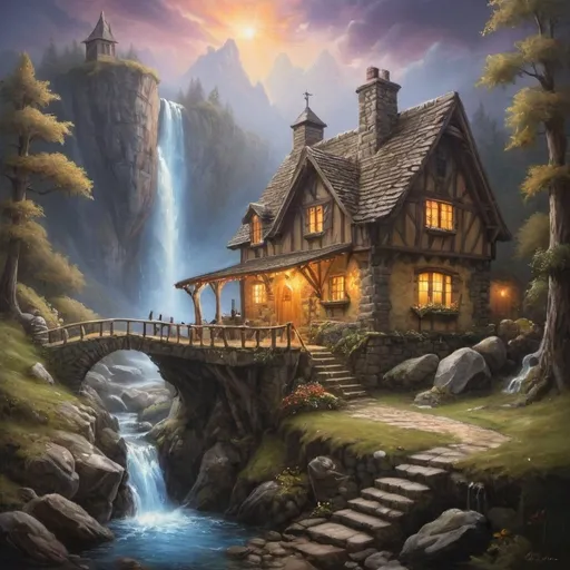 Prompt: oil painting of large modern woodbeam cottage with stone base and a lookout tower, magical atmosphere,  mysterious aura, mystical, enchanting, fantasy, surreal, enchanting aura, imaginative, whimsical, detailed shading, magical lighting, stream waterfall, lake, hunting cabbin