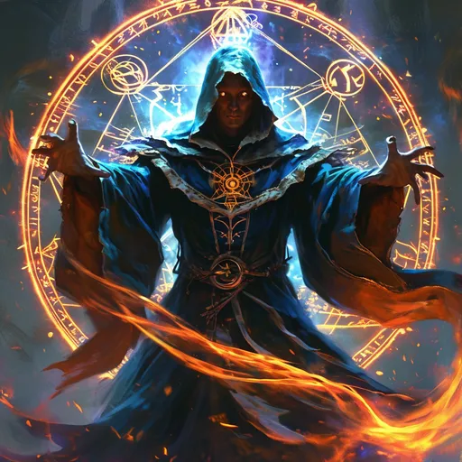 Prompt: (demon summoning), mystical maximum power from the ancient magical (circle with runes), intense (flames) dancing wildly, a powerful Wizard in an intricate robe, dramatic pose, foreground focus, swirling dark magic, shadowy ambiance, ethereal glow illuminating the scene, lush fantasy landscape in the background, cinematic depth, ultra-detailed, high-quality, perfect for fantasy art lovers.