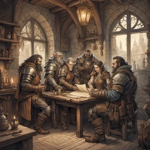 Prompt: Anton Pieck style illustration of the adventurers guild DnD style adventurer characters, vintage paper texture, intricate line work, high detail, mystical atmosphere, warm and nostalgic tones, soft lighting, high quality, leather armor, dragon born, elfes, orcs