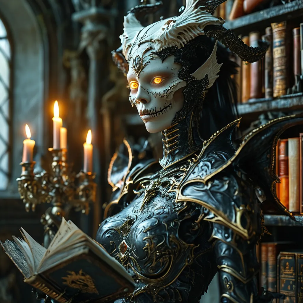 Prompt: (god-like lich queen), flawless decaying ivory face, magnifcent scale armor, (mesmerizing burning eyes), a sense of death and inevitable fate, surrounded by ancient books symbolizing profound knowledge, magical illumination, active spellbook illuminated, dark and eerie backdrop, candlelit ambience creating ominous shadows, (highly detailed, ultra-realistic), cinematic lighting highlighting skeletal features, atmosphere steeped in mystique and power.