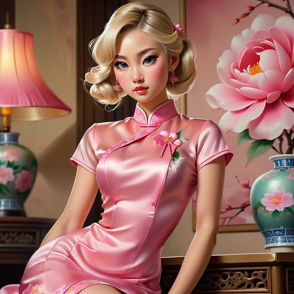 Prompt: Hot blonde girl in a sissy satin qipao dress, oil painting, detailed features, high quality, professional, elegant, satin finish, detailed facial features, flowing fabric, warm and soft lighting, oil painting, pink tones, fully body, high heels