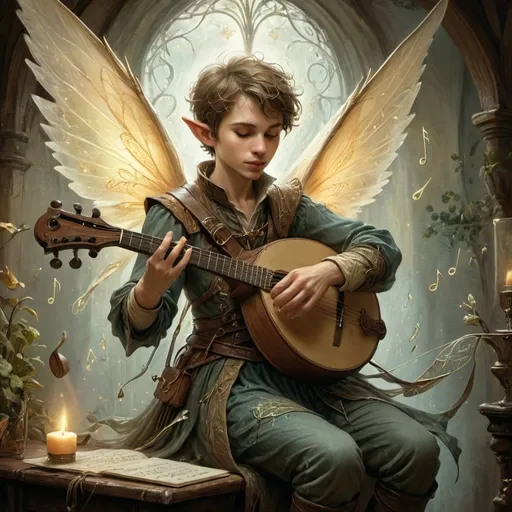 Prompt: (Realistic style) DnD pixie bard, anton pieck style, playing a shimmering instrument, (magical musical notes) streaming through the air, (enchanting, wide spread wings) radiating a warm glow, intricate details in the wings and attire, set in a fantasy medieval environment, (high-quality digital art), casting a charming and epic scene, vibrant warm tones, imaginative and enchanting ambiance, highly detailed and captivating.