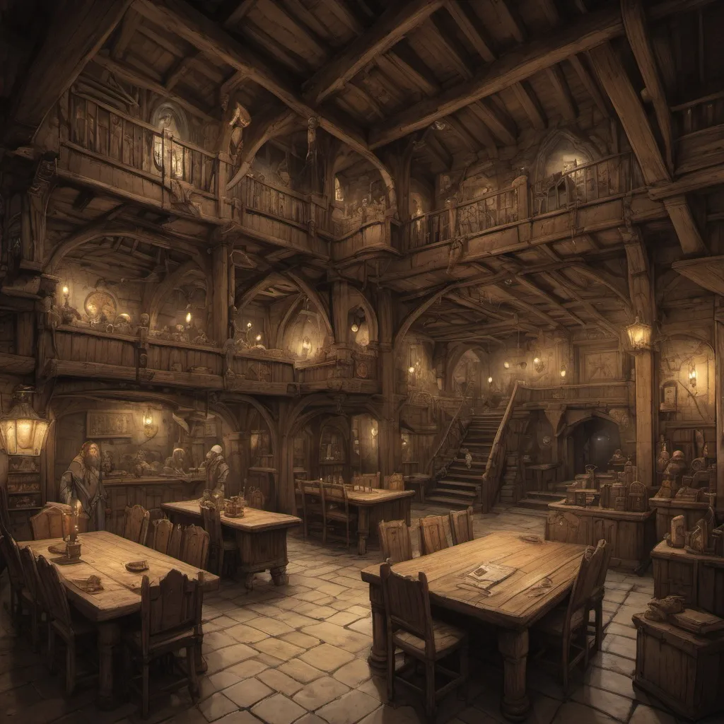 Prompt: Medieval fantasy adventurers guild, Anton Pieck style, (rustic wooden interior), large open rustic bank like rooms, (high security deposit counters with gates and tellers), DND characters, chairs and tables with food, monster parts laying around, ambient warm lighting, maps and hunting trofees on the wall, detailed shadows, banners hanging from the ceiling, intricate woodwork, scattered adventurers' gear, cozy yet bustling vibe, various weapons displayed, (ultra-detailed), (4K).