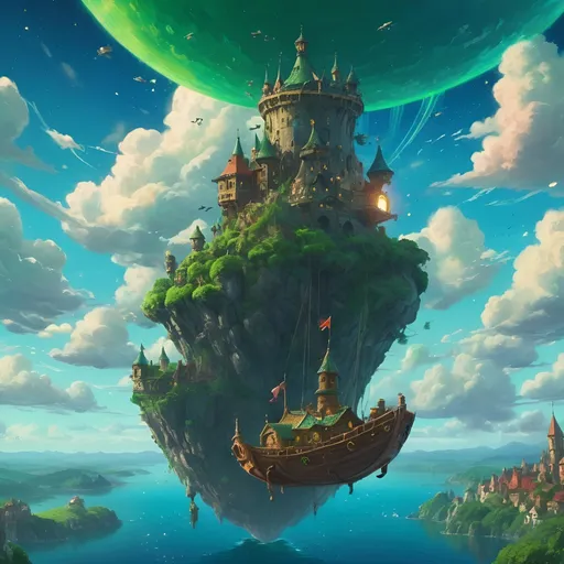 Prompt: (studio ghibli style painting with a flying stone magetower and a flying ship), medieval fantasy, magical atmosphere, vibrant colors, intricate details, lush green floating islands, enchanted sky with whimsical clouds, glowing ambient light, epic and adventurous mood, high depth cinematic artistry, highly intricate, breathtaking scenery,  dynamic sky with starlit accents, (4K) ultra-detailed, masterpiece